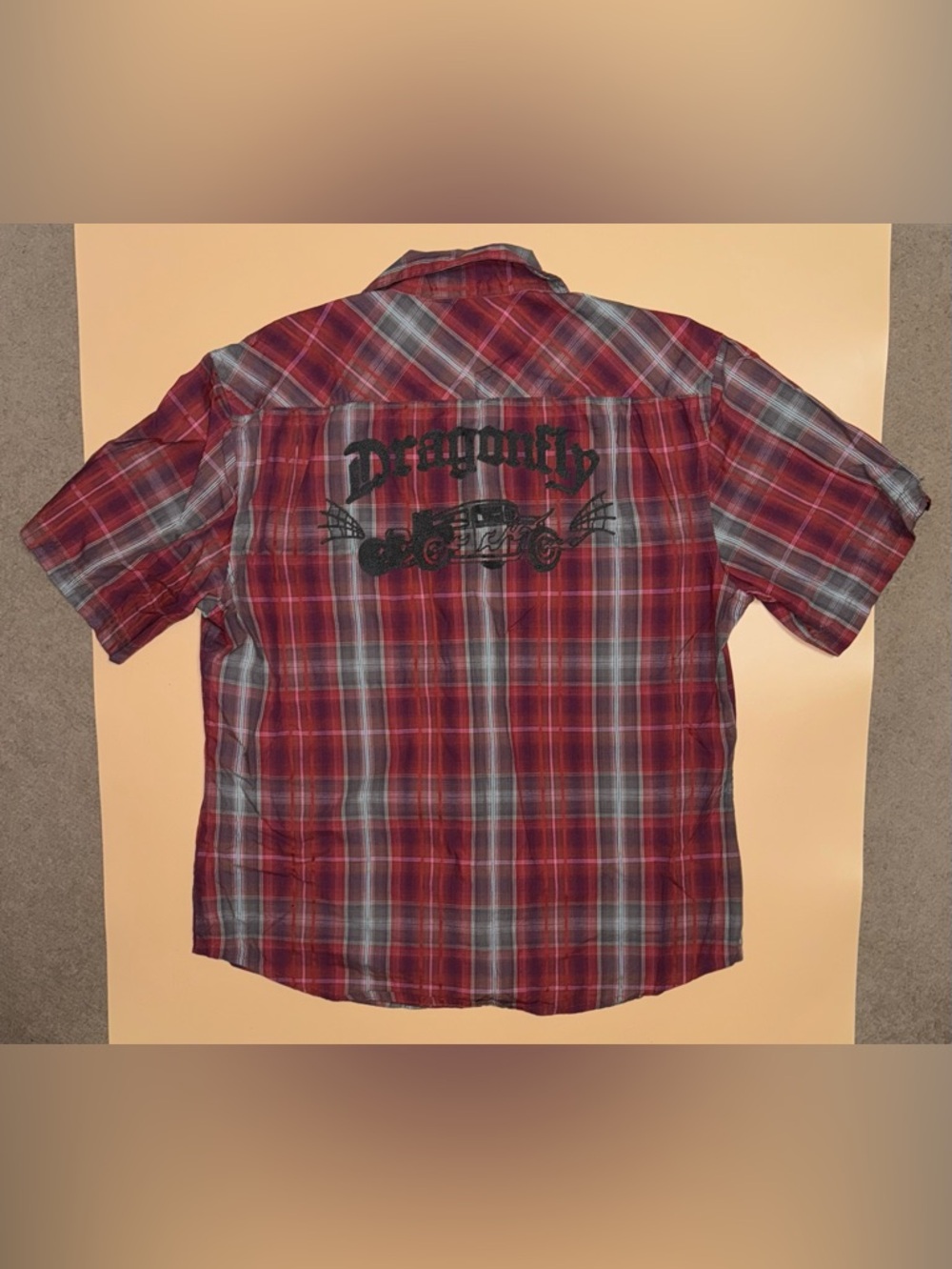 Dragonfly Shirt Mens Large Red Plaid Button Up Hot Rod Graphic Y2K Vintage